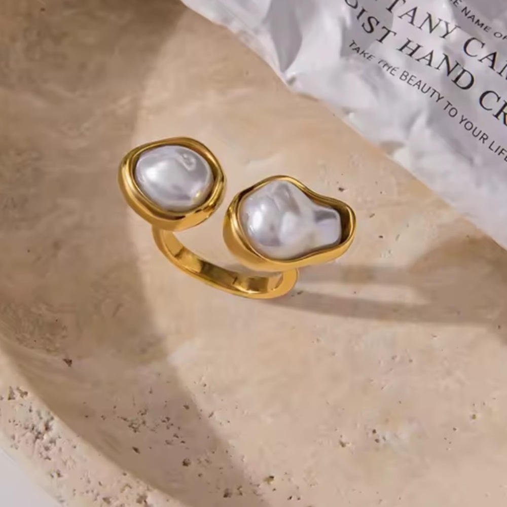 Luxury Gold Pearl Double Stone Ring – Stainless Steel Adjustable - Picture 3 of 8